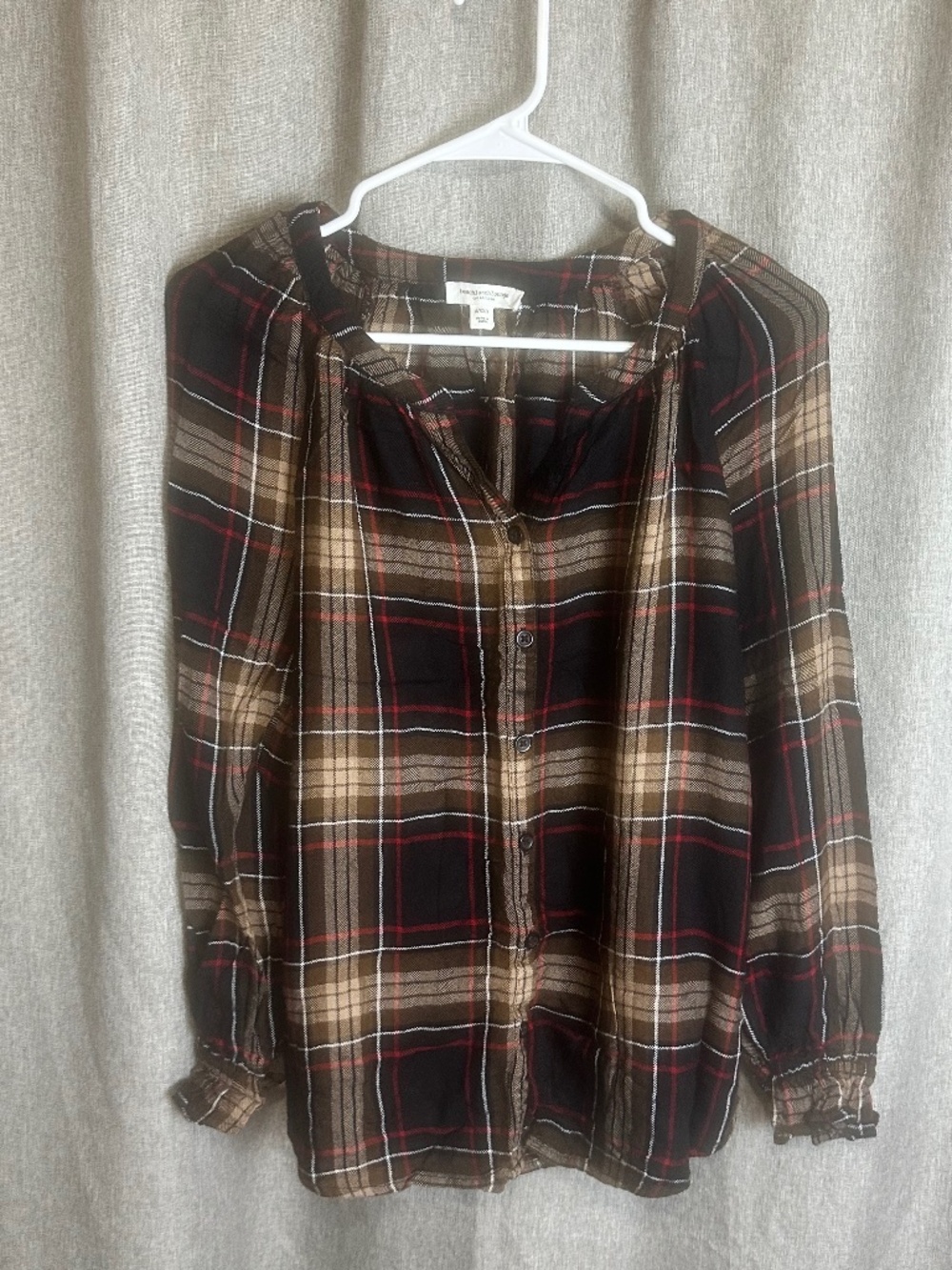 beachlunchlounge Brown Plaid Smocked Cuff Blouse - Size Small
